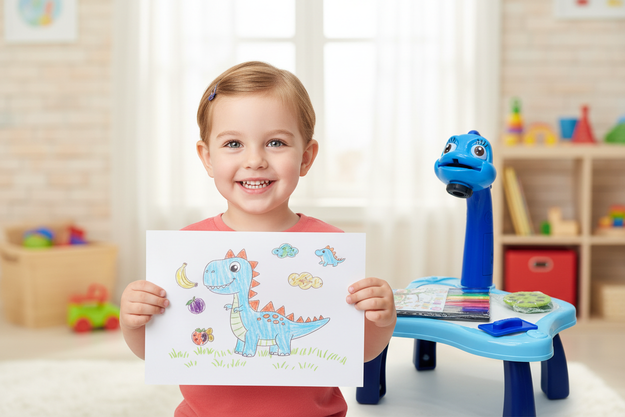 Child with completed drawing