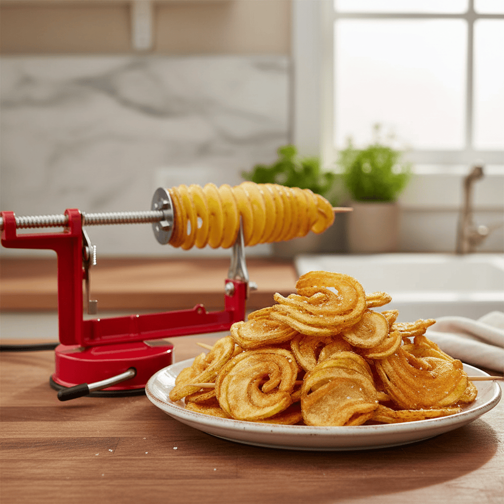 Golden crispy spiral fries