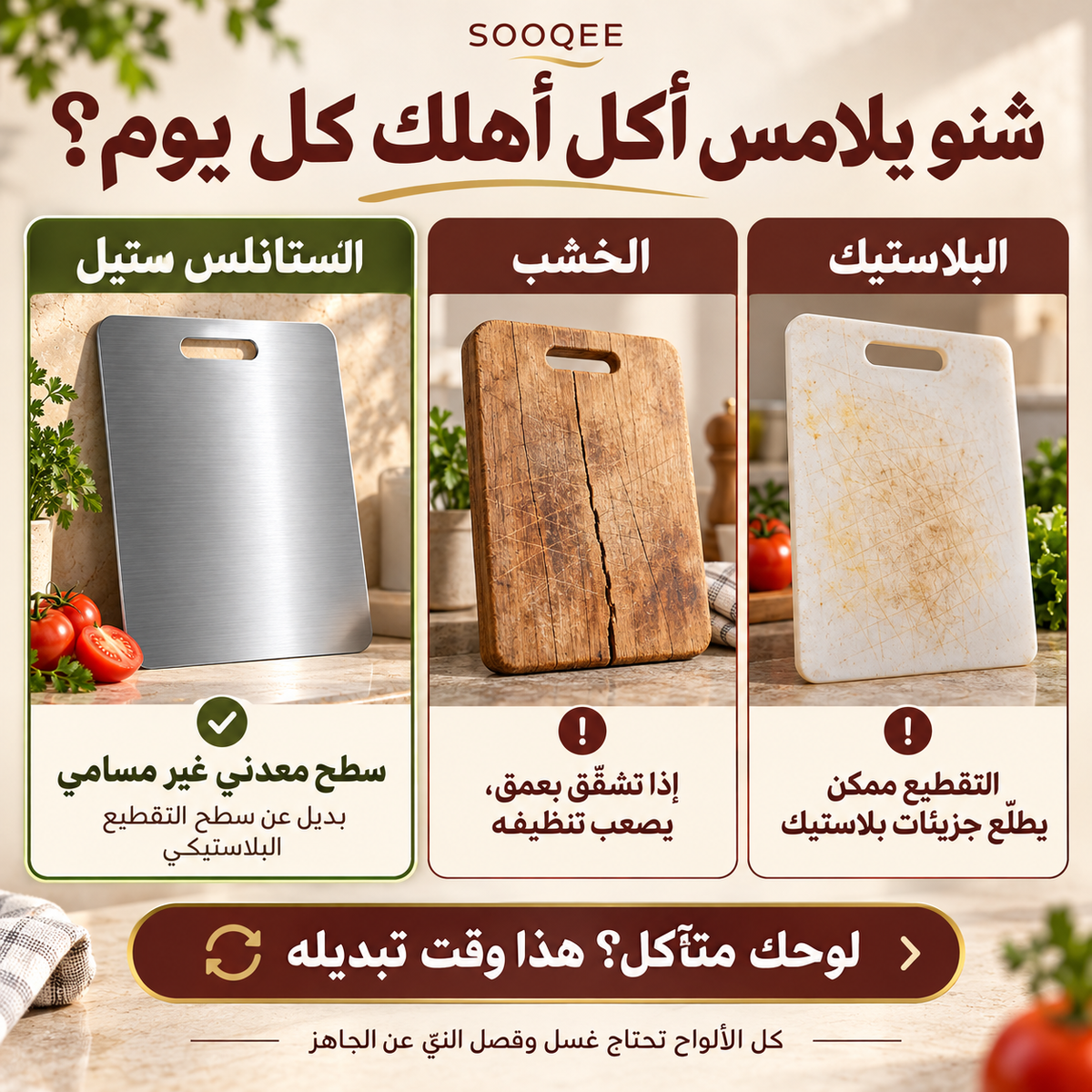 مقارنة بين لوح بلاستيكي مستعمل وخشب متشقق ولوح ستانلس ستيل، مع ضرورة غسل كل الألواح وفصل النيّ عن الجاهز